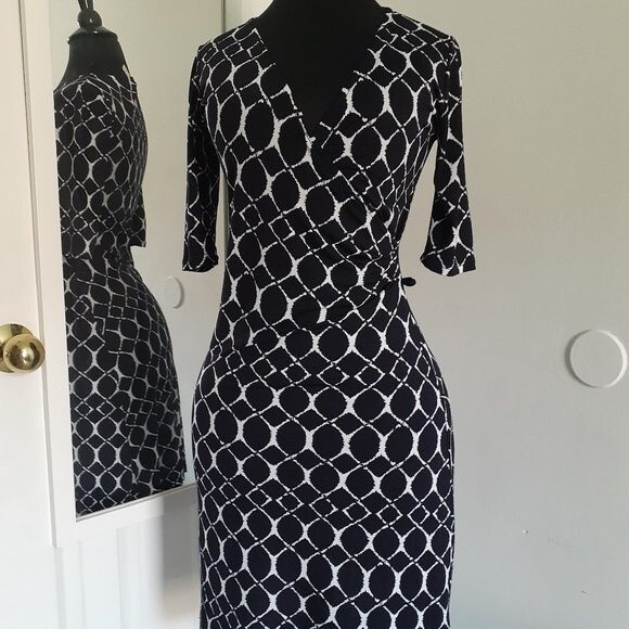 Gilli Trista Faux Wrap Jersey Dress Geometric Prints Black & White Style D3762 S - Picture 3 of 12